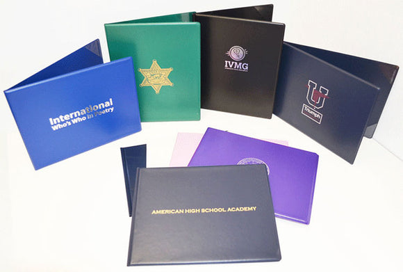 Vinyl Heat Sealed Diploma Holders with imprinted logos.