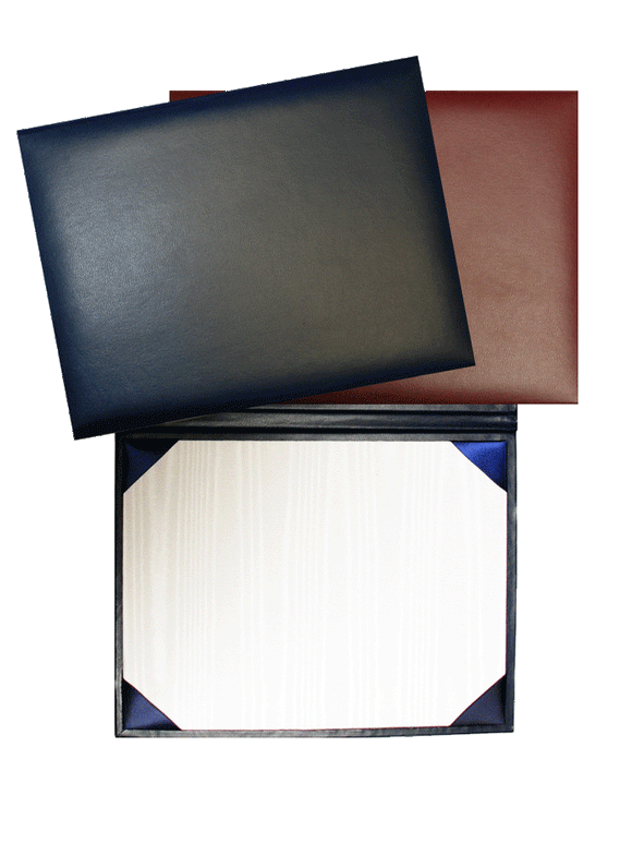 6 x 8 Diploma Covers, blue, burgundy and black leatherette.